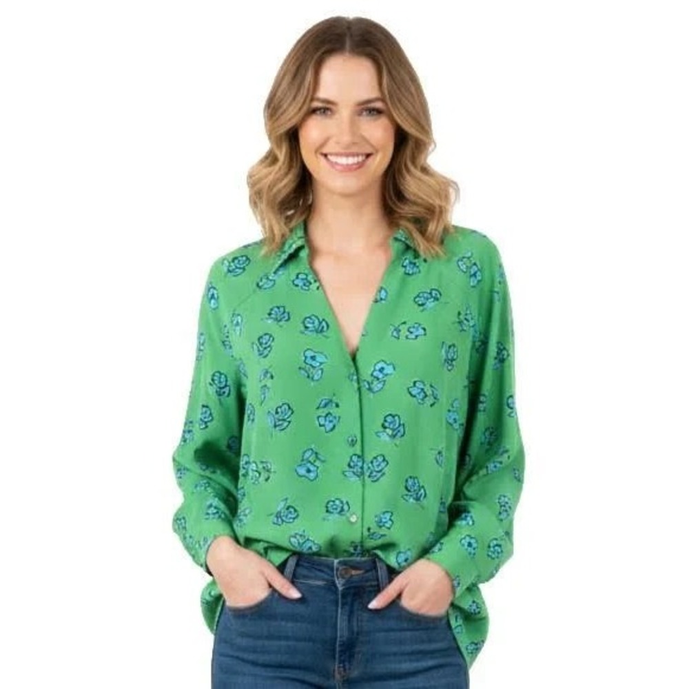 Cabi 5891 Busy Top Blouse Womens XS Green Floral Button Up 3/4 Sleeve Office